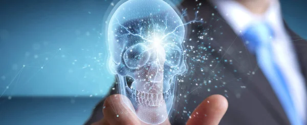 Man using digital x-ray skull holographic scan projection 3D ren — Stock Photo, Image