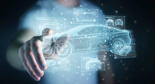 Mann hält und berührt holographisches Smart-Car-Interface-Projekt — Stockfoto