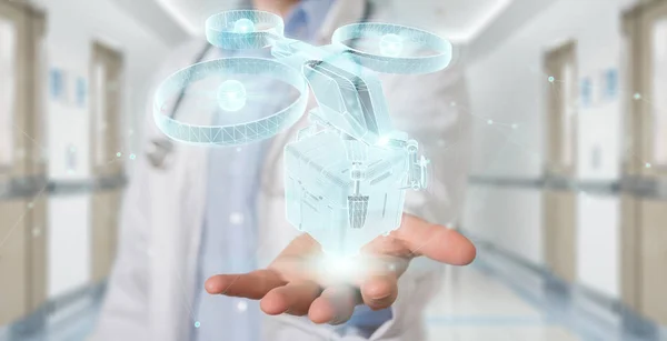 Doctor sosteniendo y tocando el dron de entrega en su mano 3D render — Foto de Stock
