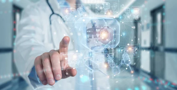 Dokter memegang dan menyentuh nanorobot futuristik dengan grafik anal — Stok Foto