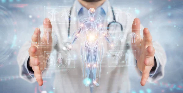Radiologista usando a varredura holográfica digital do corpo humano do raio-x proj — Fotografia de Stock