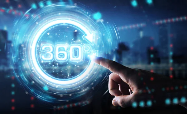 360 derece sanal gerçeklik kullanan insan eli neon arayüzü 3d yırtılması — Stok fotoğraf