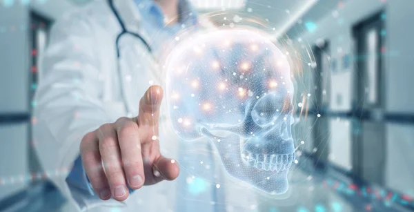 Radiologist using digital x-ray skull holographic scan projectio — 스톡 사진