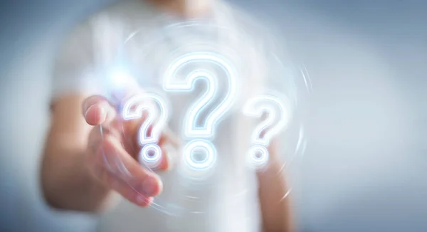 Man using digital question marks holographic interface 3D render