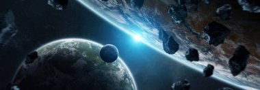 Uzak bir gezegende sistemi ile exoplanets 3d render elem alanda