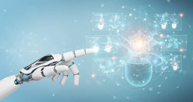 Robot el ele tutuşması ve bir planın holografik yansımasına dokunmak.
