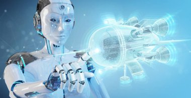 Robot parmaklarıyla holografik uzay gemisi projeksiyonuna dokunuyor
