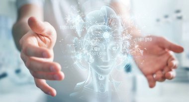 Dijital yapay zeka holografik projeksiyonu kullanan adam