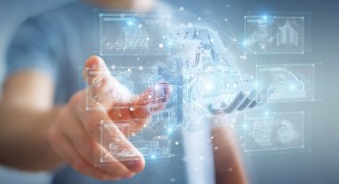 İşadamı, kablolu holografik dijital p 'yi tutuyor ve dokunuyor.