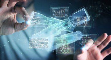 Yeşil yenilenebilir enerji bataryasını tutan ve dokunan adam 3D rende