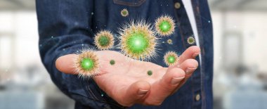 Mikroskobik yakın plan 3D görüntülemede bakterileri analiz eden adam