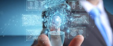 Bir bitkinin holografik projeksiyonunu tutan ve dokunan adam. 