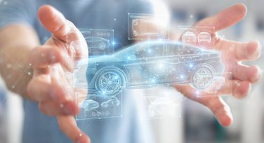 Adam tutuyor ve holografik akıllı araba arayüzü projesine dokunuyor