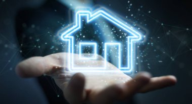 Gayri menkul dijital neon arayüzü kullanan adam 3D görüntüleme