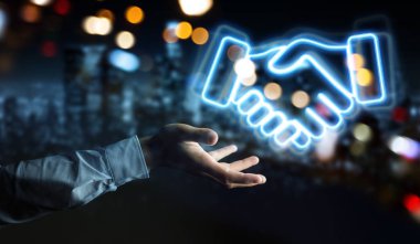 İnsan eli, ortaklık neon mavi arayüz 3D görüntüleme kullanıyor