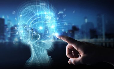 Dijital yapay zeka kafa arayüzünü kullanan işadamı