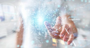 Yeni futuristik enerji güç kaynağı 3D rende oluşturma işadamı