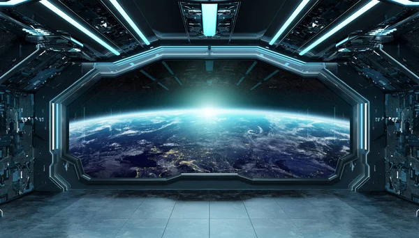 Nave espacial azul oscuro interior futurista con vista a la ventana en plan —  Fotos de Stock