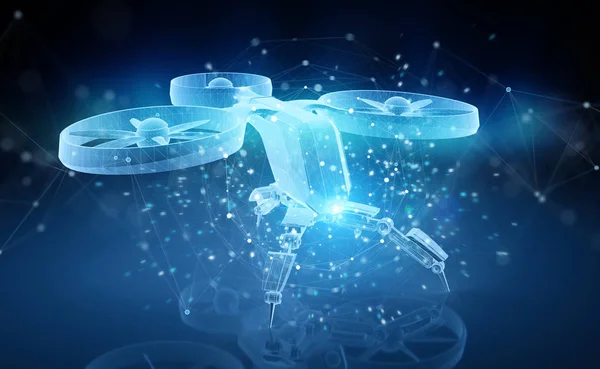 Proyección holográfica de dron azul sobre fondo oscuro 3D renderin —  Fotos de Stock