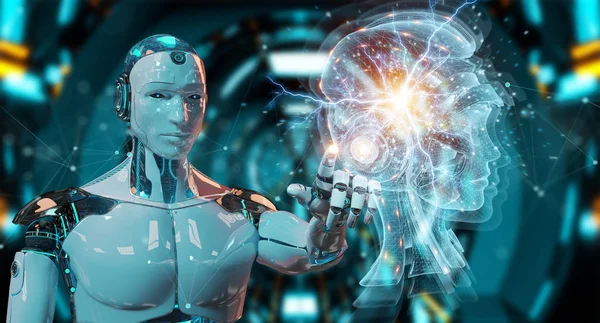 Cyborg usando el proyecto holográfico de inteligencia artificial digital — Foto de Stock