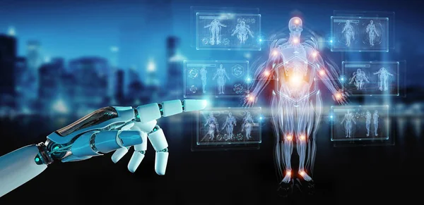 Robot hand using digital x-ray human body holographic scan proje — Stock Photo, Image