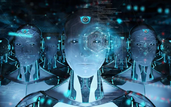 Groupe de têtes de robots masculins utilisant des écrans holographiques numériques 3d ren — Photo