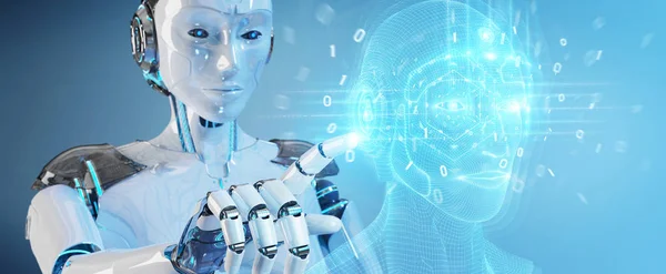 Biały Robot z wykorzystaniem cyfrowej sztucznej inteligencji głowica interfejsy — Zdjęcie stockowe