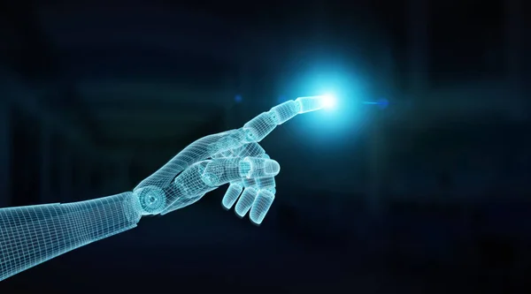 Mano robot azul Wireframed apuntando con el dedo a la representación 3D oscura — Foto de Stock