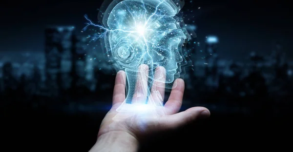 Hombre mano usando digital artificial inteligencia holográfica proje —  Fotos de Stock