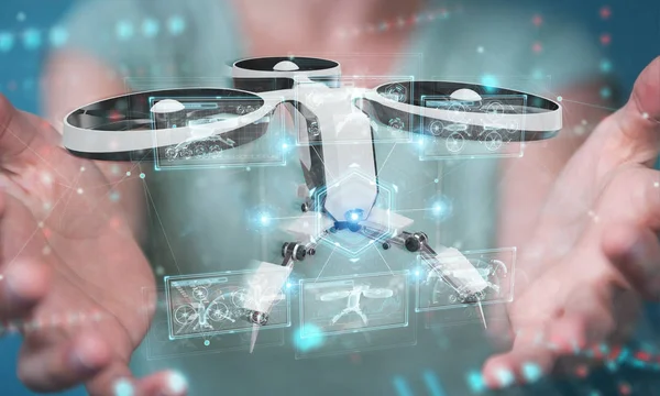 Vrouw houden en aanraken van moderne drone met haar hand 3d renderi — Stockfoto