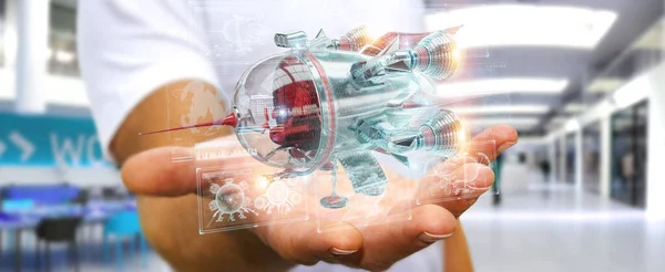 Businessman holding retro spaceship in his hands 3D rendering — Stock Photo, Image