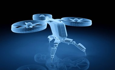Koyu arkaplan 3d renderin üzerinde holografik mavi dron projeksiyonu