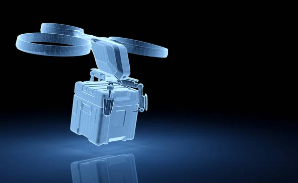 Proyección holográfica de drones de entrega azul sobre fondo oscuro 3D — Foto de Stock