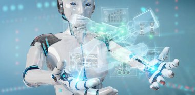 Robot tutuşu ve dokunuşu yeşil yenilenebilir enerji bataryası 3D ren