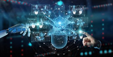 Robot el ele tutuşması ve bir planın holografik yansımasına dokunmak.