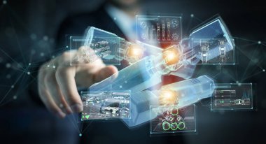 Yeşil yenilenebilir enerji bataryasını tutan ve dokunan adam 3D rende