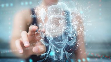 Dijital yapay zeka holografik projesini kullanan kadın