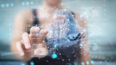 Kadın tutması ve dokunması kablo holografik dijital proje