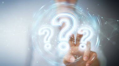 Woman using digital question marks holographic interface 3D rend