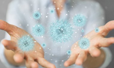 Woman analyzing bacteria with digital holographic projection clo