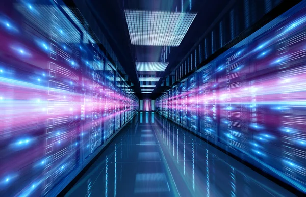 Servrar datacenter rum med ljus hastighets ljus genom ReK — Stockfoto