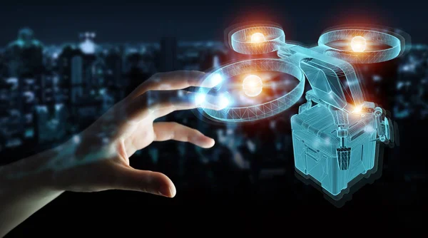 Businessman holding and touching holographic delivery drone proj — Stock Photo, Image