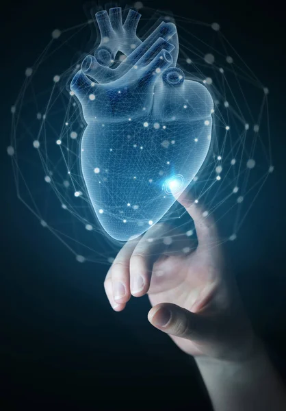 Mann Hand mit digitaler Röntgenaufnahme des menschlichen Herzens holographischer Scan pro — Stockfoto