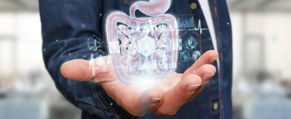 Hombre usando rayos X digitales del intestino humano exploración holográfica proj —  Fotos de Stock