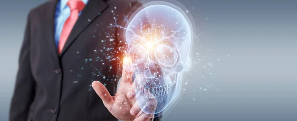 Man using digital x-ray skull holographic scan projection 3D ren — Stock Photo, Image