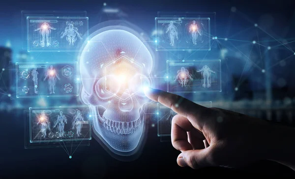 Man hand using digital x-ray skull holographic scan projection 3 — 스톡 사진