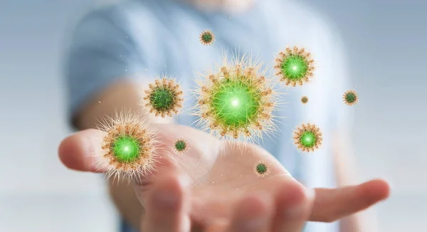 Hombre analizando bacterias en el renderizado 3D de primer plano microscópico —  Fotos de Stock