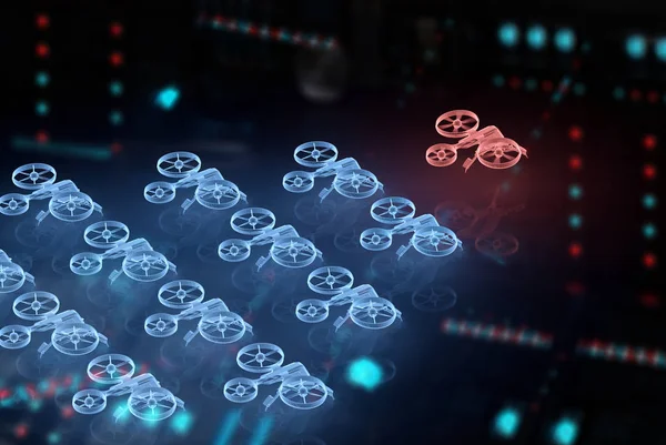 Proyección olográfica de drones rojos líder drones azules 3D renderin — Foto de Stock