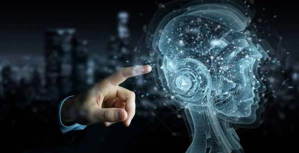 Man hand using digital artificial intelligence holographic proje — Stock Photo, Image