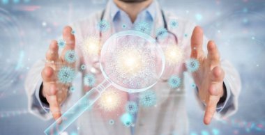 Doctor analyzing holographic cell projection through magnifying 